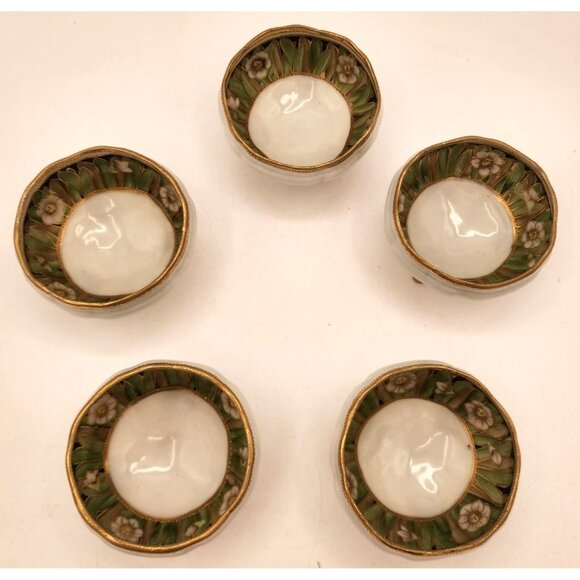 RARE Set Of 5 Vintage Nippon Porcelain Moriage Floral Pattern Footed Nut Bowls - Picture 8 of 12